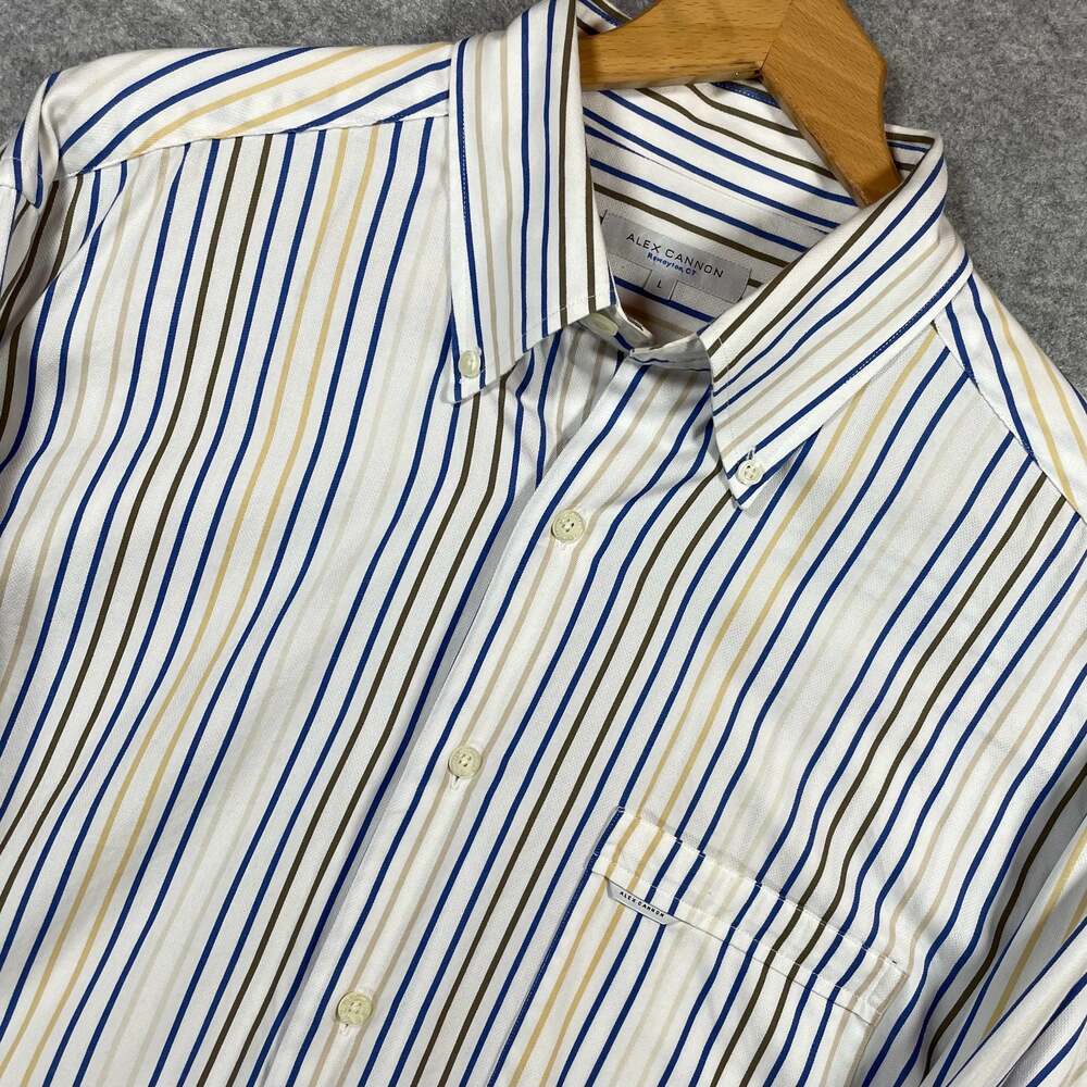 Alex Cannon Men's Large White‎ Blue and Tan Striped Long Sleeve Button-Up Shirt